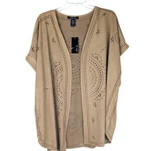 NWT Sable Sky Tan Faux Suede Laser Cut Kimono Cardigan Top 2X Boho Festival